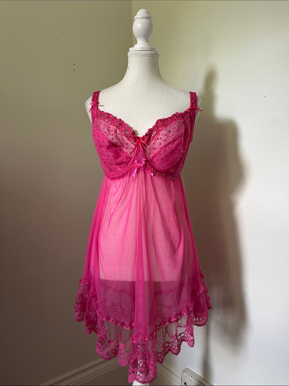 CURVY KATE Hot Pink Lace Bow Sheer Delicate Romantic Fairy Linergie Slip 34G